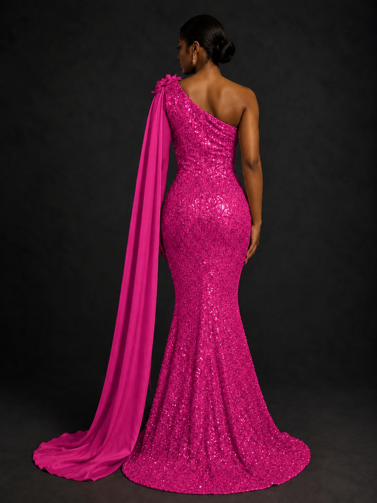 Gold Sequin One Shoulder Mermaid Prom Dress with Cape