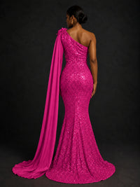 Gold Sequin One Shoulder Mermaid Prom Dress with Cape
