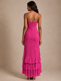 Square-Neck Lace Ruffle High-Low Maxi Dress