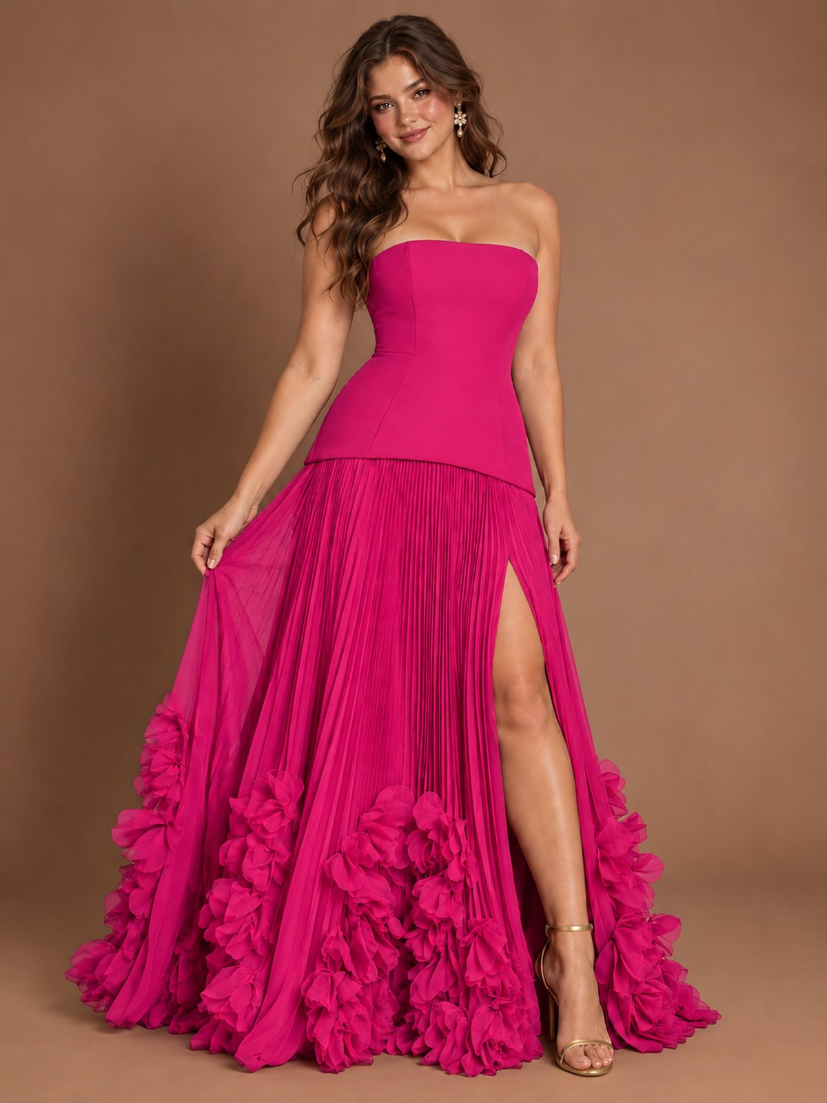 Strapless Pleated Floral Satin Formal Dress with Side Slit