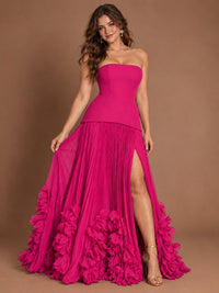 Strapless Pleated Floral Satin Formal Dress with Side Slit
