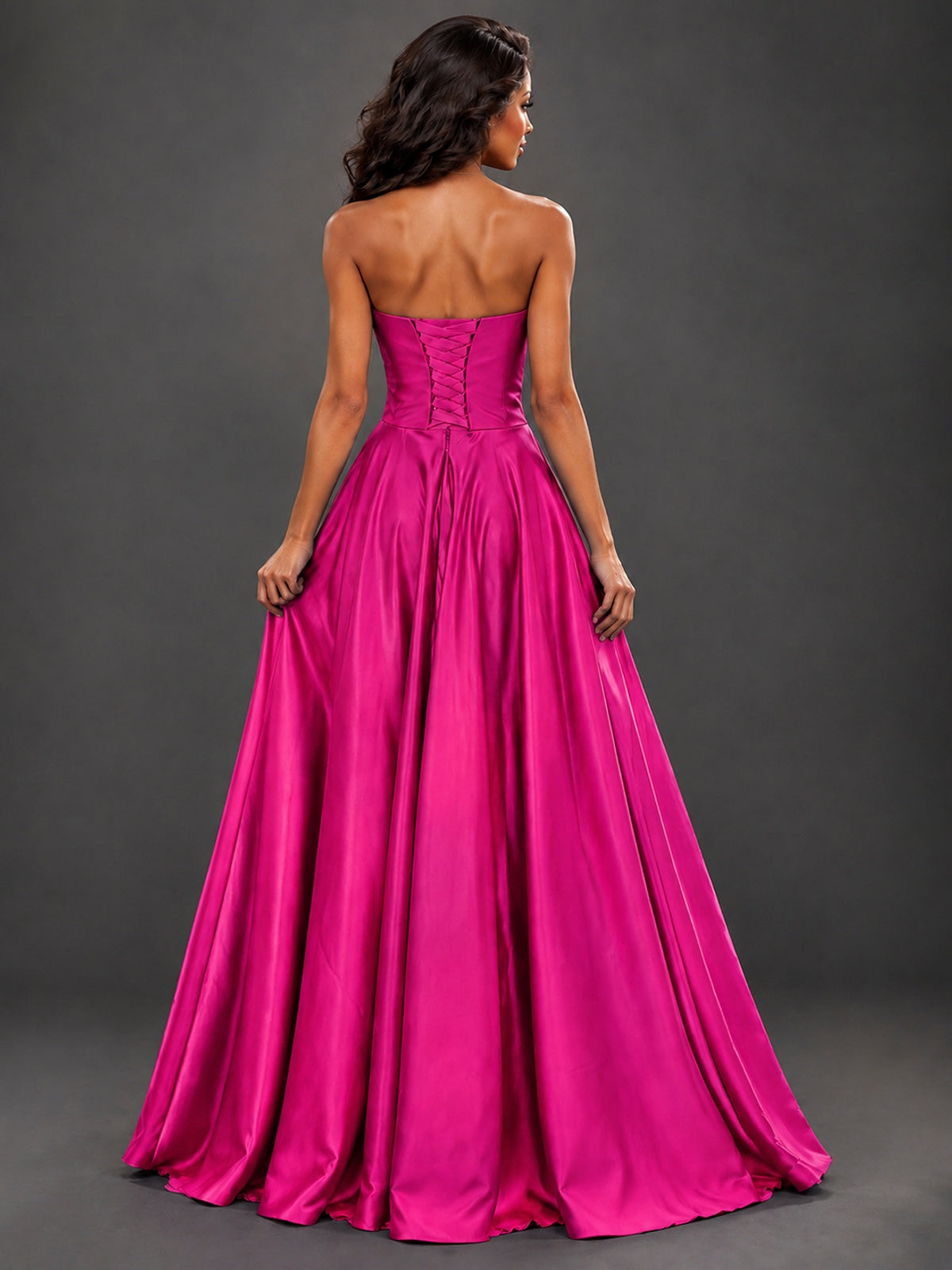 Draped Satin Prom Dress Strapless A-line Formal Dress Floor Length