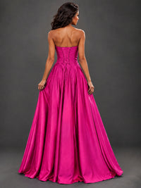 Draped Satin Prom Dress Strapless A-line Formal Dress Floor Length