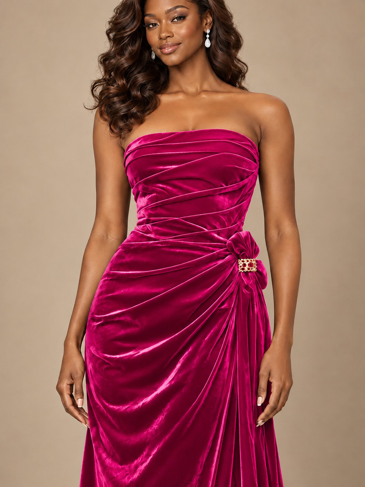 Burgundy Velvet Strapless Ruched Prom Dress with Jeweled Side Drape