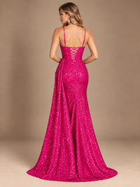 Burgundy Sequin Corset Prom Dress with High Slit