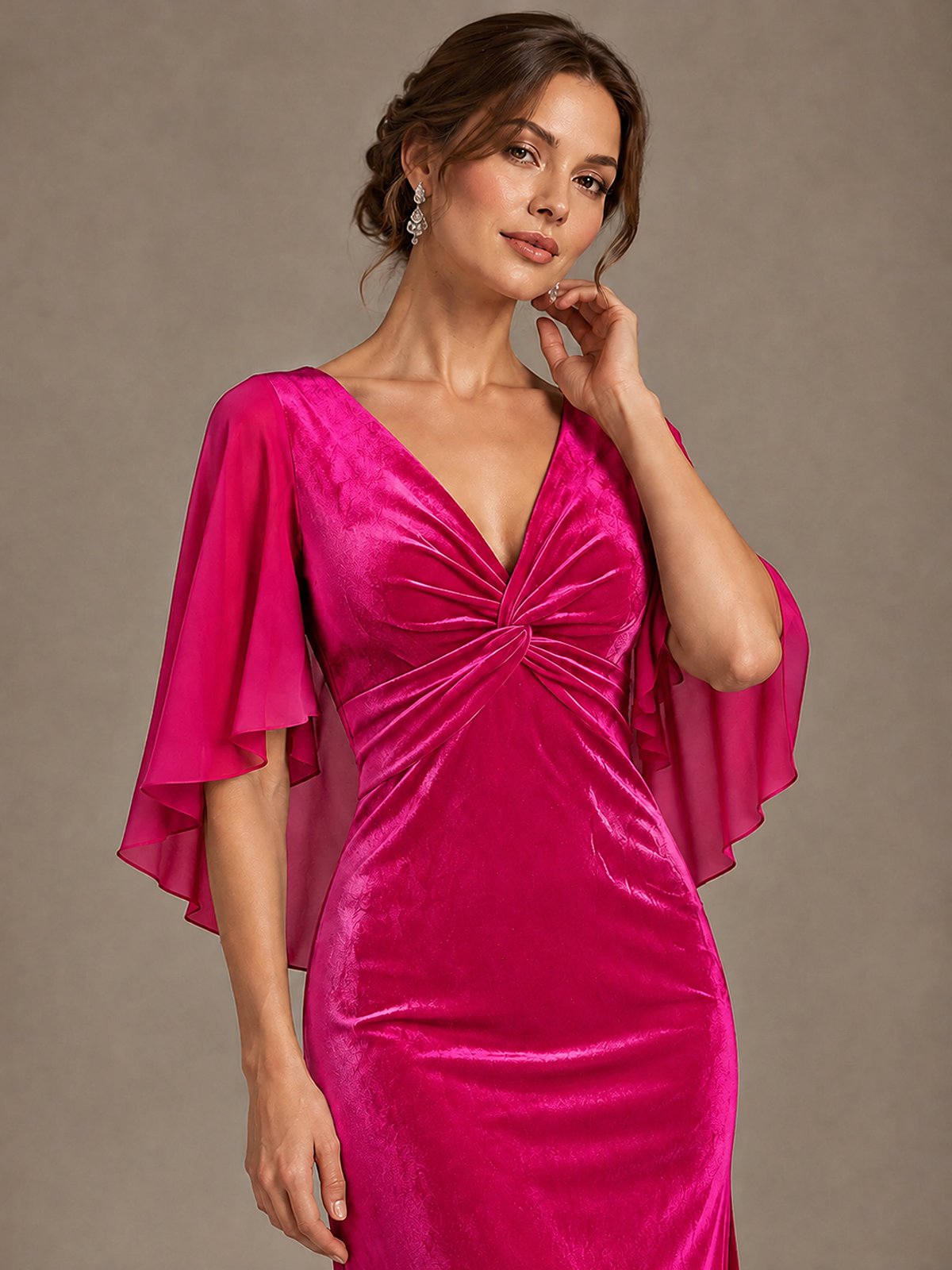 Navy Blue Velvet V Neck Mermaid Formal Dress with Flutter Cape Sleeves