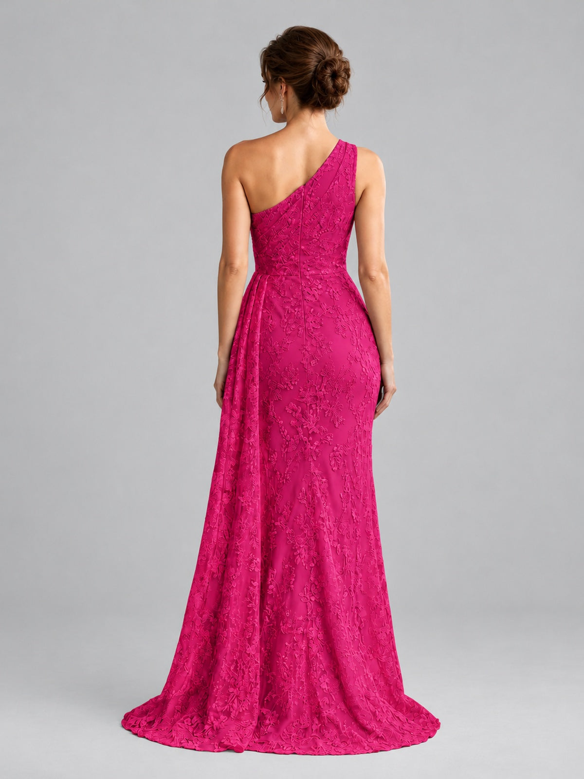 One-Shoulder Ruched Floral Lace Floor-Length Prom Dress
