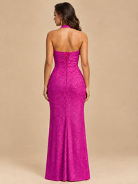 Halter V-Neck Sequin Mermaid Prom Dress with High Slit