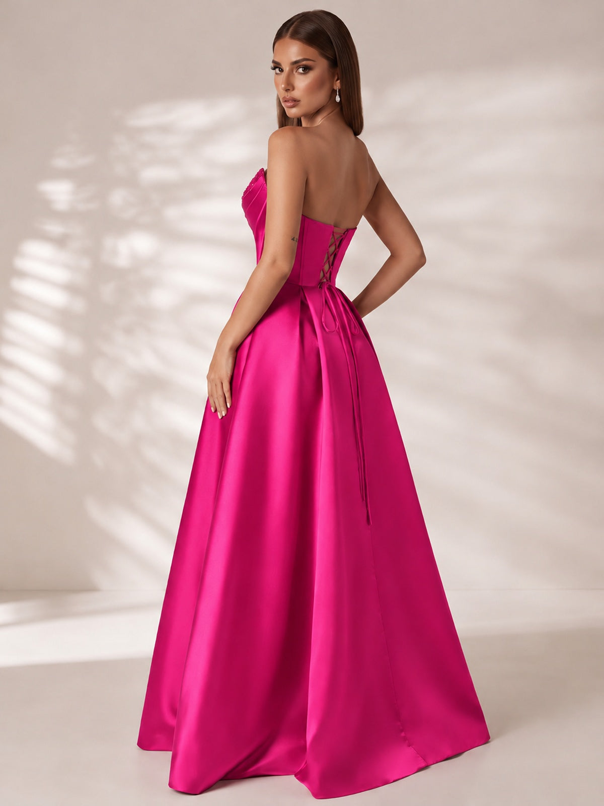Strapless Corset Satin Prom Dress Long Evening Gown with High Slit
