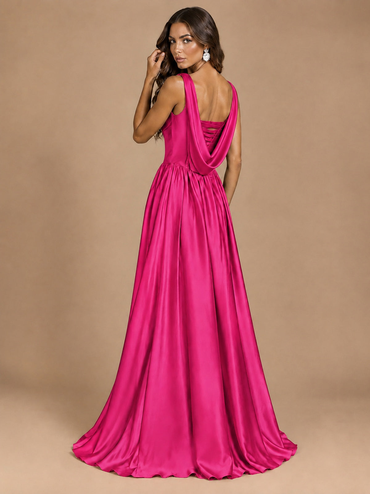 Cowl Neck Pleated Satin Prom Dress with Pockets & Slit Maxi Formal Gowns