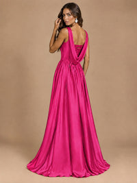 Cowl Neck Pleated Satin Prom Dress with Pockets & Slit Maxi Formal Gowns