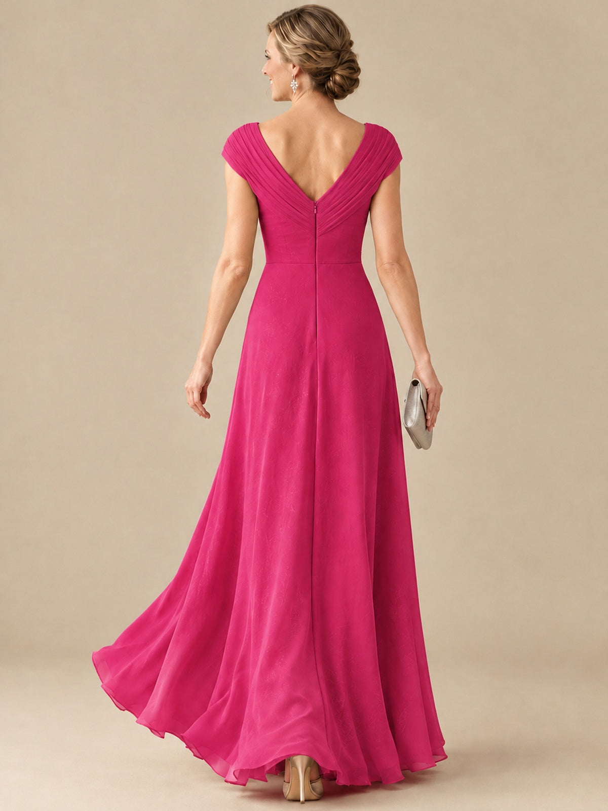 Pleated Chiffon Lace Mother of The Bride Dresses with Beading Cap Sleeves