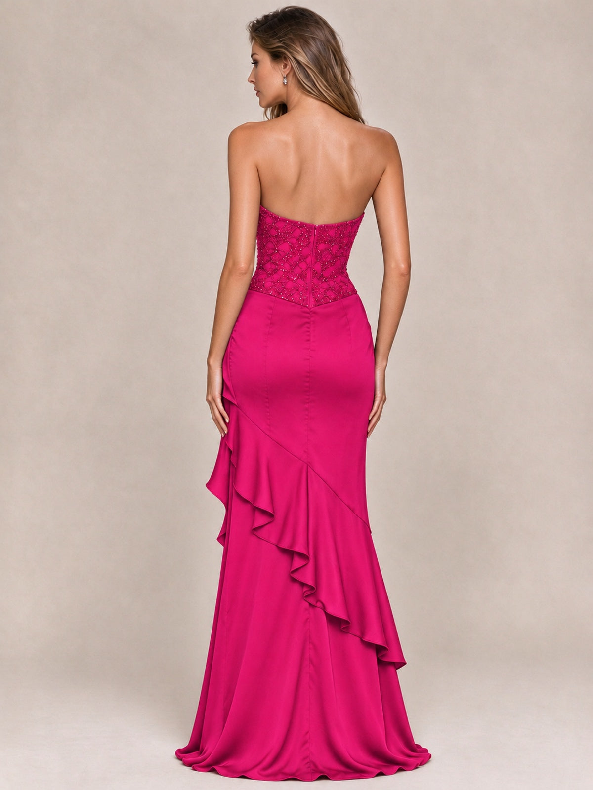 Strapless Lace Appliques Corset Satin Prom Dress Ruffle Slit Evening Gown