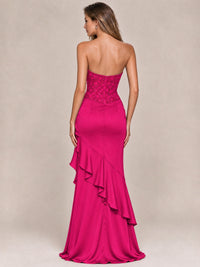 Strapless Lace Appliques Corset Satin Prom Dress Ruffle Slit Evening Gown