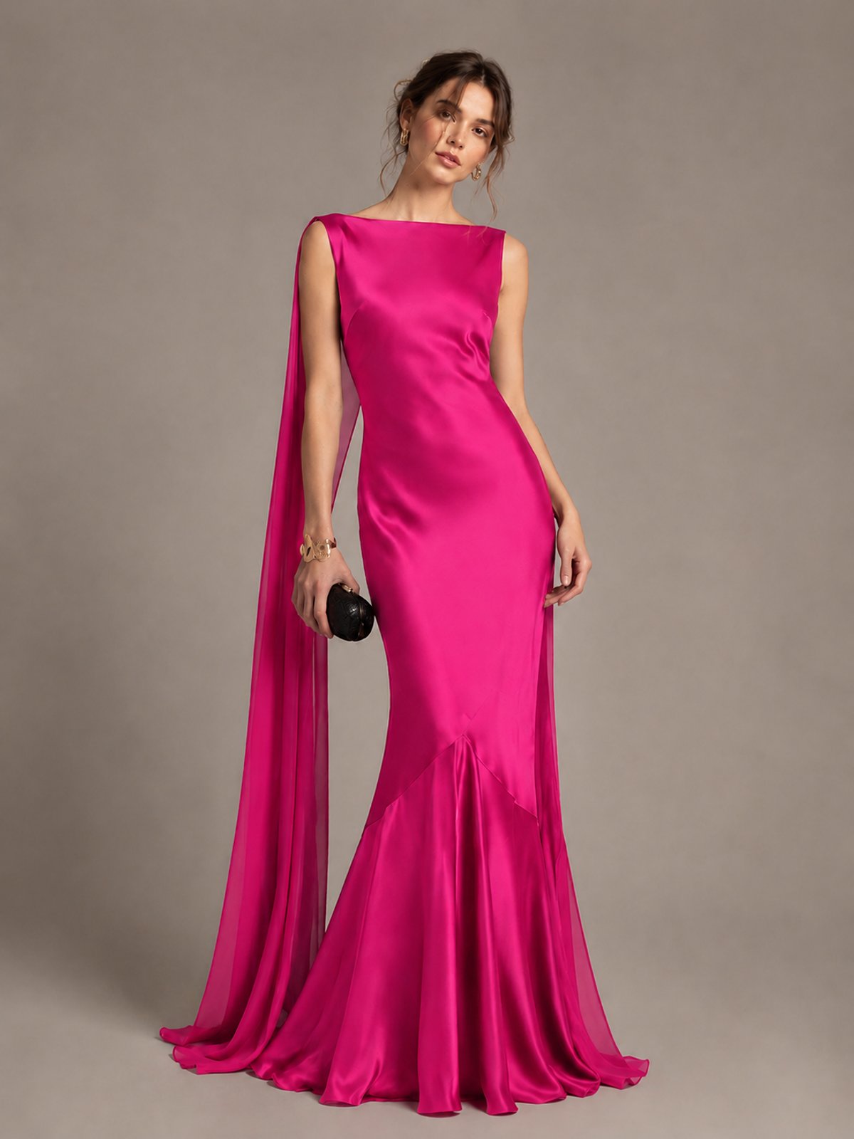 Burgundy Satin Mermaid Cape Maxi Dress