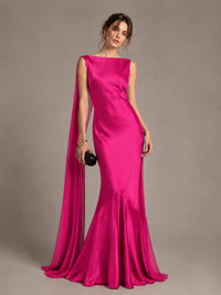 Burgundy Satin Mermaid Cape Maxi Dress