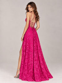 Floral Lace A-Line Prom Dress with Spaghetti Straps & High Slit