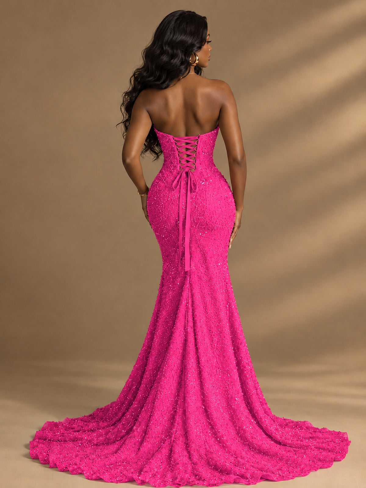 Beaded Sequin Prom Dress Strapless Formal Gowns with High Slit Train