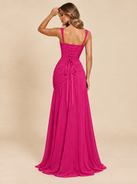 Wrap Pleated Prom Dress Scoop Neck with Slit Women Wedding Formal Dress