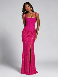 Sequin Corset Mermaid Prom Dress with Square Neck Wide Strap High Slit