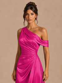 Satin One Shoulder Prom Dress Ruched Long Formal Evening Gown