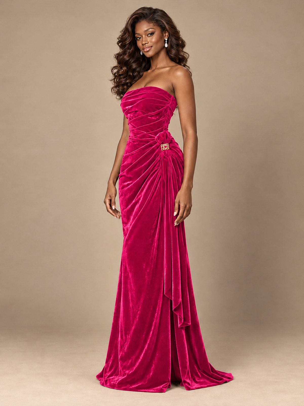 Burgundy Velvet Strapless Ruched Prom Dress with Jeweled Side Drape