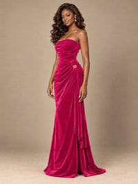 Burgundy Velvet Strapless Ruched Prom Dress with Jeweled Side Drape