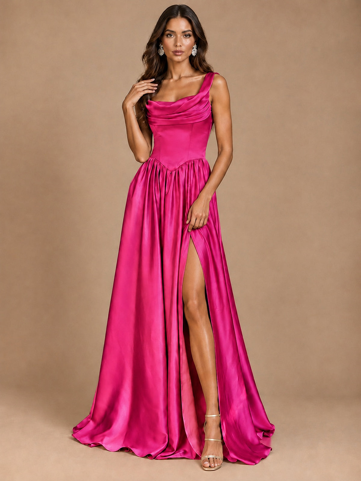 Cowl Neck Pleated Satin Prom Dress with Pockets & Slit Maxi Formal Gowns