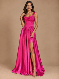 Cowl Neck Pleated Satin Prom Dress with Pockets & Slit Maxi Formal Gowns