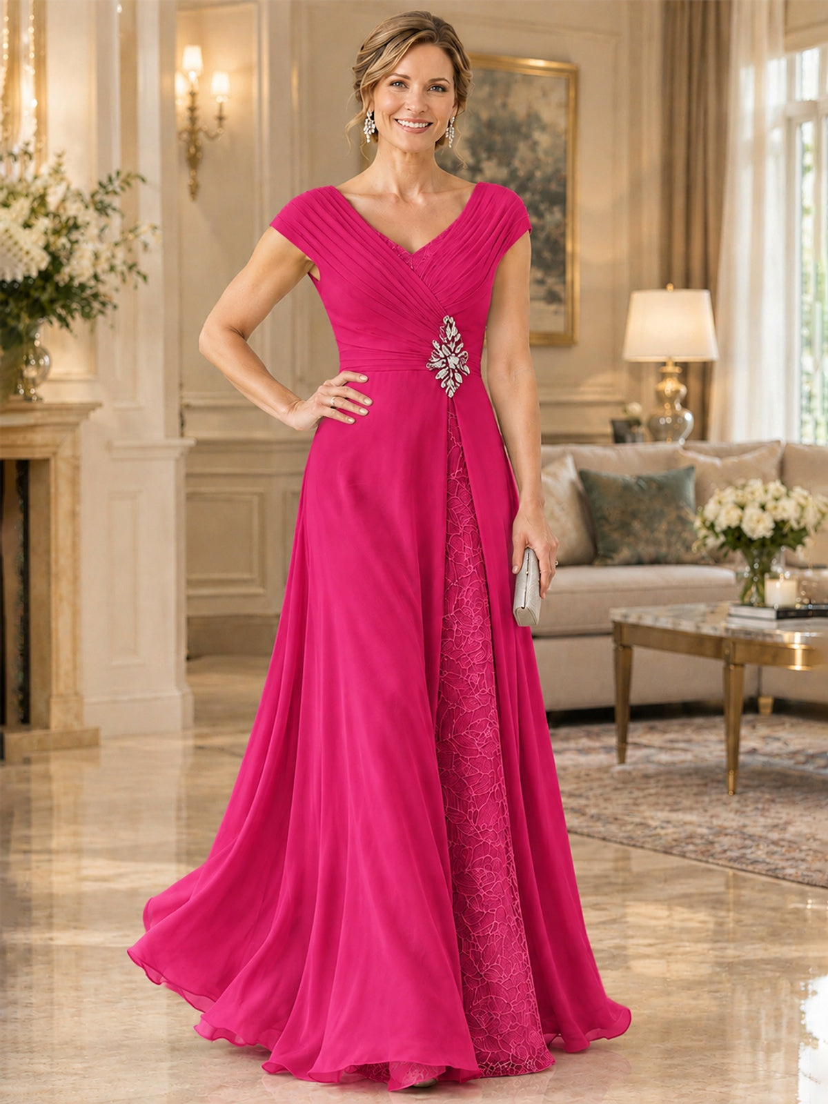 Pleated Chiffon Lace Mother of The Bride Dresses with Beading Cap Sleeves