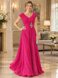 Pleated Chiffon Lace Mother of The Bride Dresses with Beading Cap Sleeves