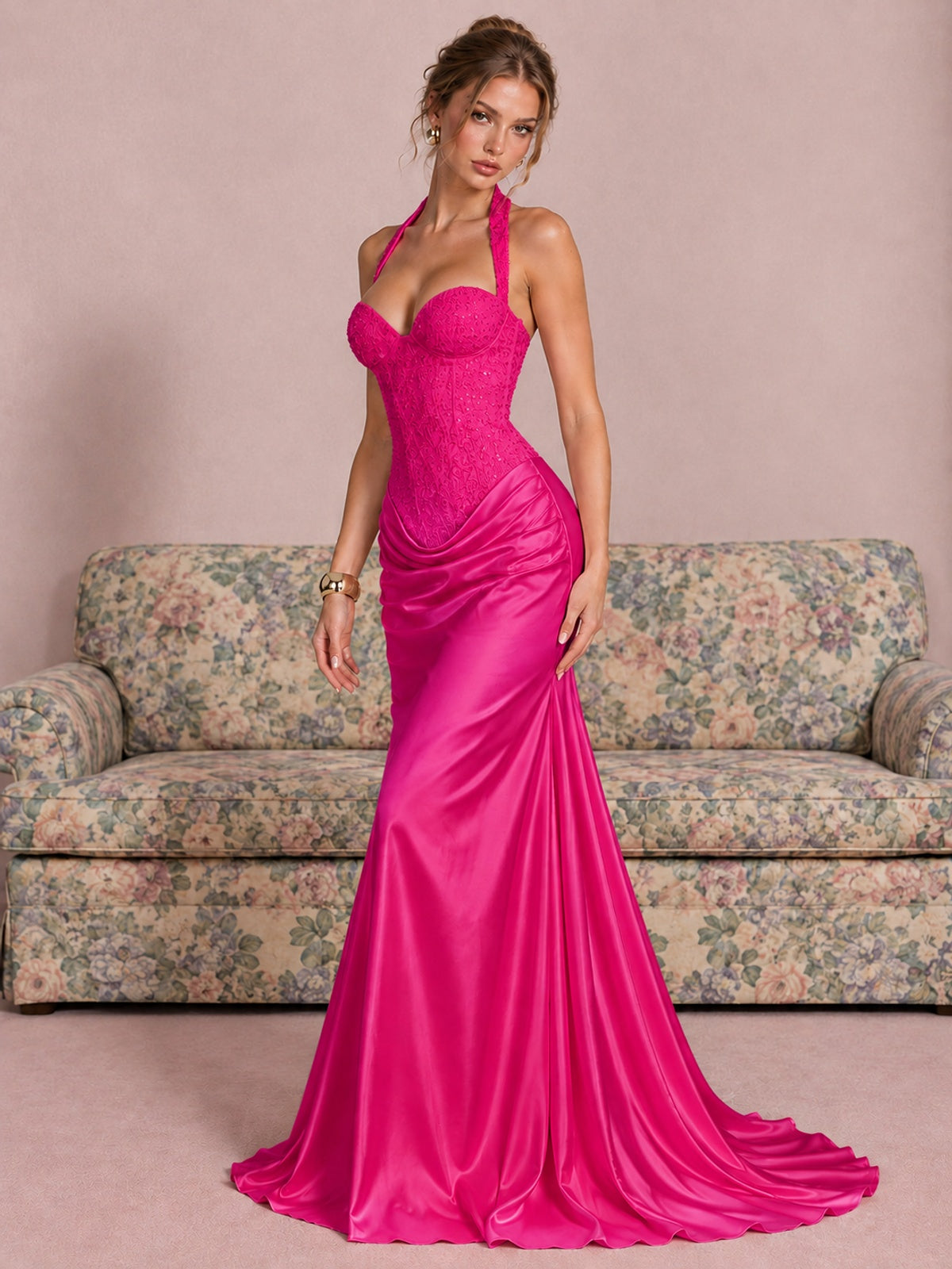 Sparkling Halter Corset Satin Mermaid Prom Dress