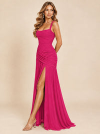 Wrap Pleated Prom Dress Scoop Neck with Slit Women Wedding Formal Dress