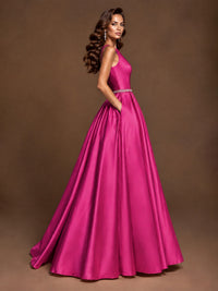 Satin A-Line Prom Dress Sleeveless Beaded Waist Formal Gown with Pockets