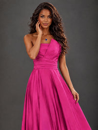 Draped Satin Prom Dress Strapless A-line Formal Dress Floor Length