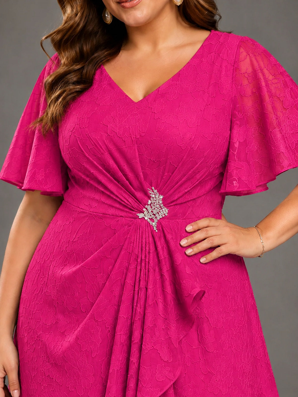 Jacquard Chiffon A-Line V-Neck High-Low Mother of the Bride Dress