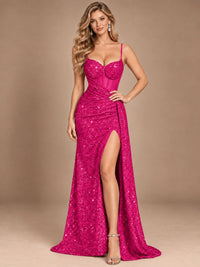 Burgundy Sequin Corset Prom Dress with High Slit