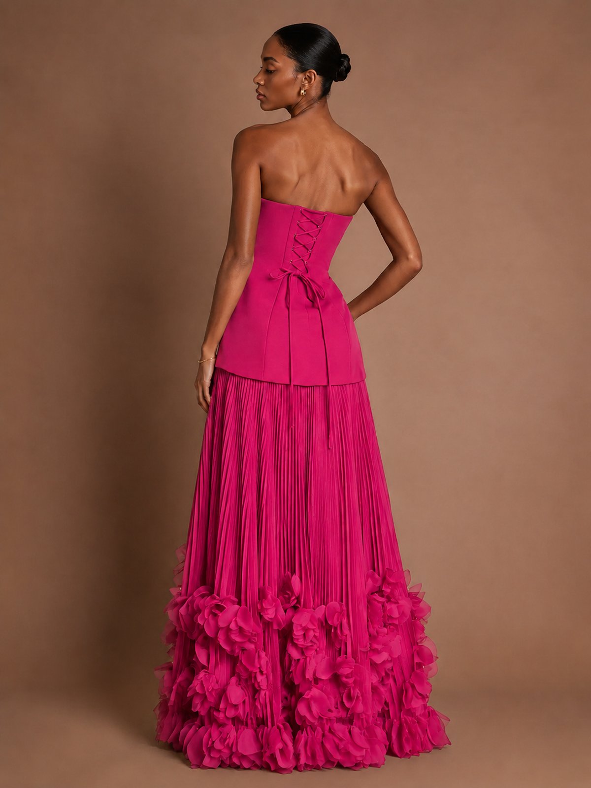 Strapless Pleated Floral Satin Formal Dress with Side Slit