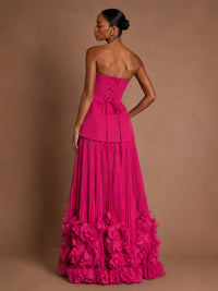Strapless Pleated Floral Satin Formal Dress with Side Slit