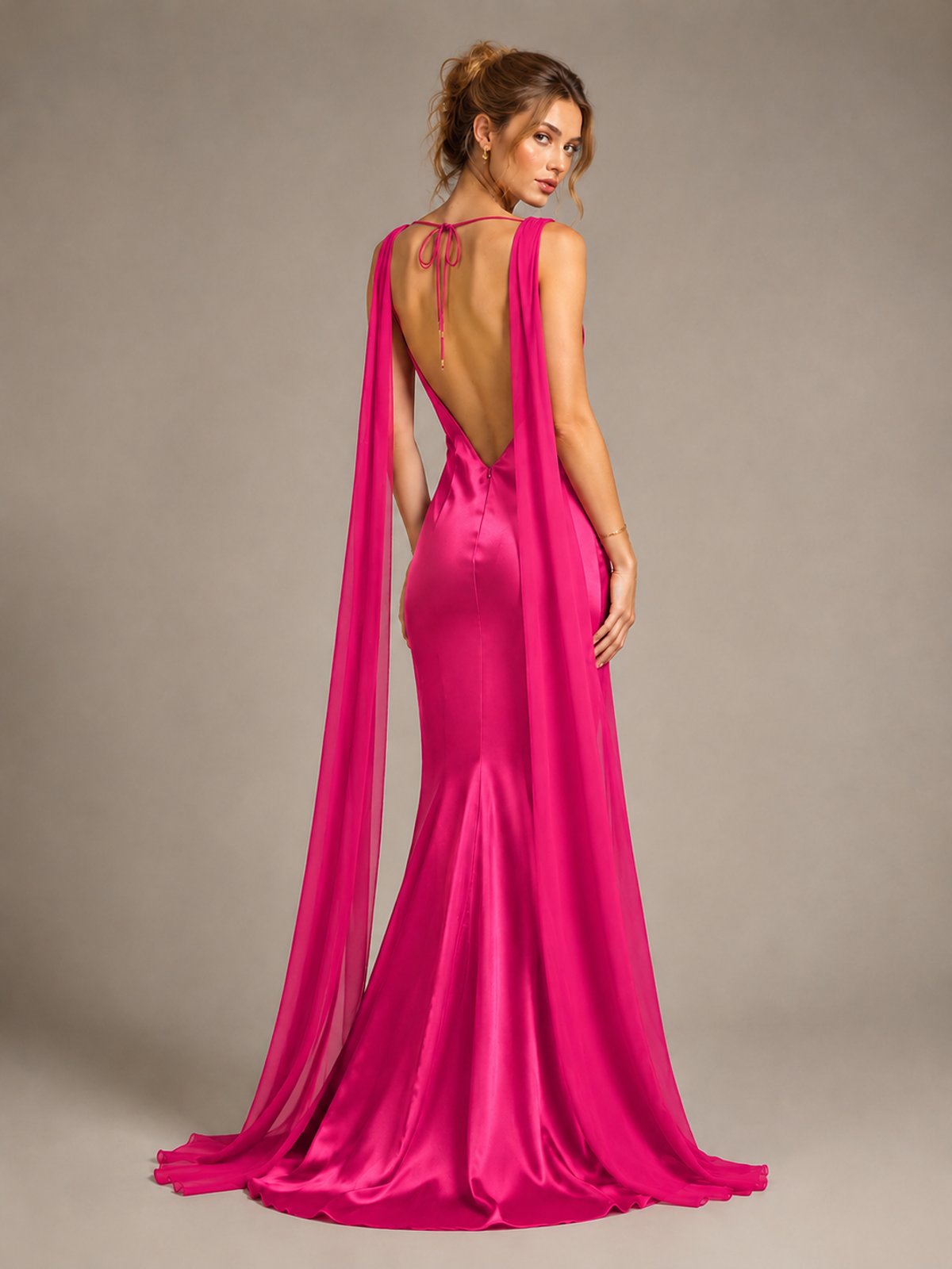 Burgundy Satin Mermaid Cape Maxi Dress