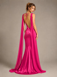 Burgundy Satin Mermaid Cape Maxi Dress