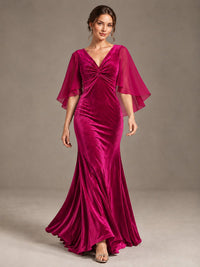 Navy Blue Velvet V Neck Mermaid Formal Dress with Flutter Cape Sleeves