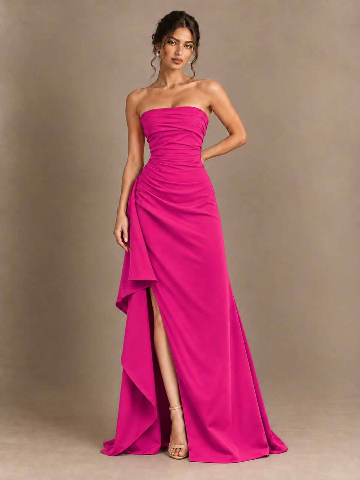 Black and White Strapless Ruched Prom Dress with High Slit & Side Drape