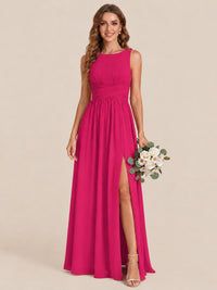 A-line Sleeveless Rucehd Chiffon Bridesmaid Dress with High Slit