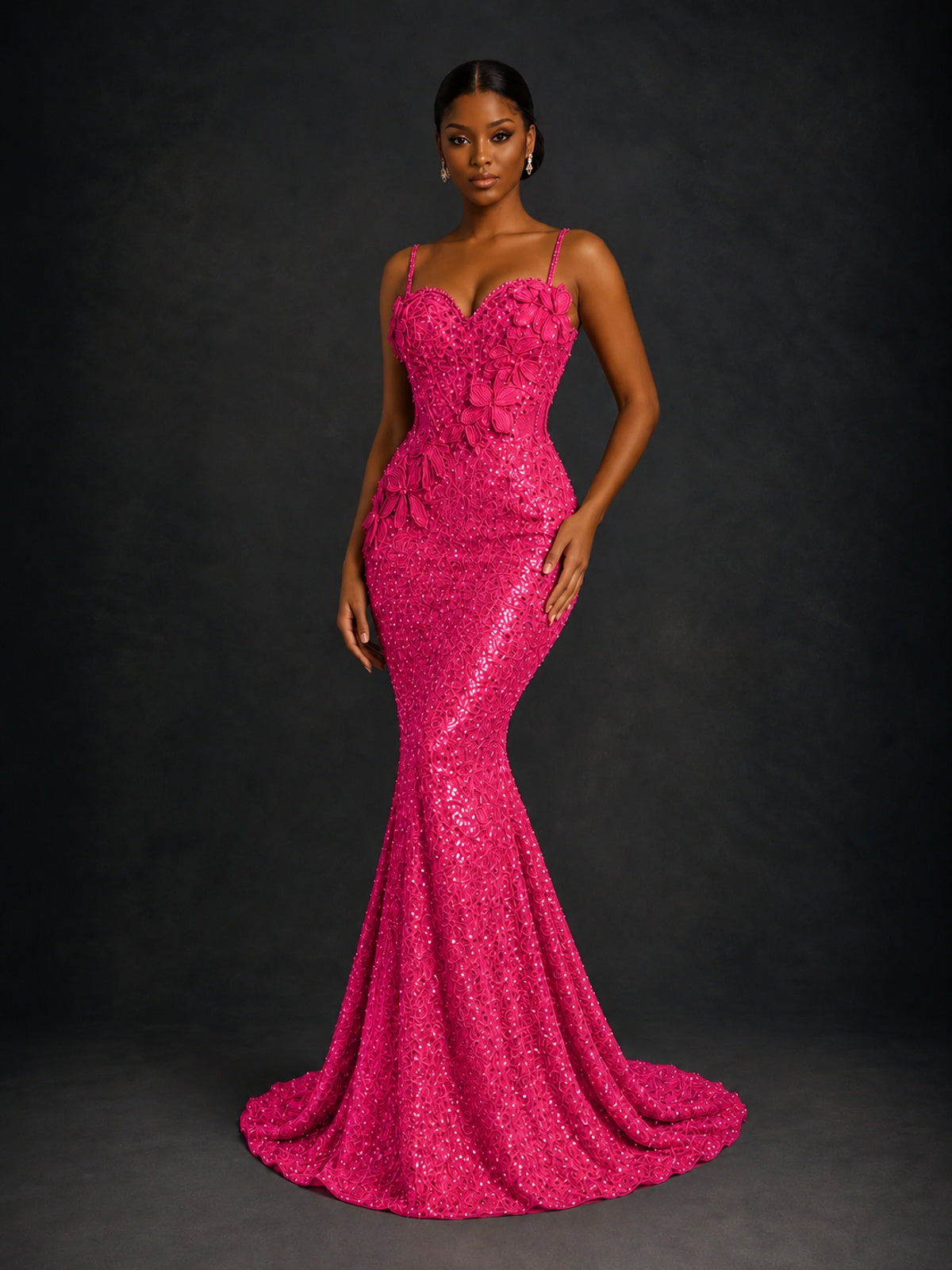 Sequin Mermaid Prom Dress with Floral Applique