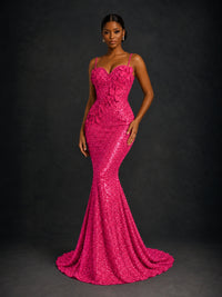 Sequin Mermaid Prom Dress with Floral Applique