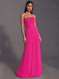 Strapless A-line Long Pleated Satin Prom Dress