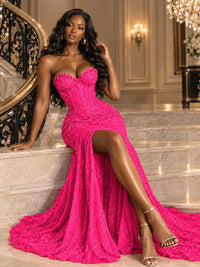 Beaded Sequin Prom Dress Strapless Formal Gowns with High Slit Train