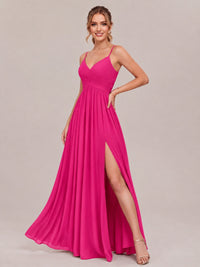 V-Neck Pleated Chiffon Long Bridesmaid Dress with Slit