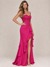 Strapless Lace Appliques Corset Satin Prom Dress Ruffle Slit Evening Gown